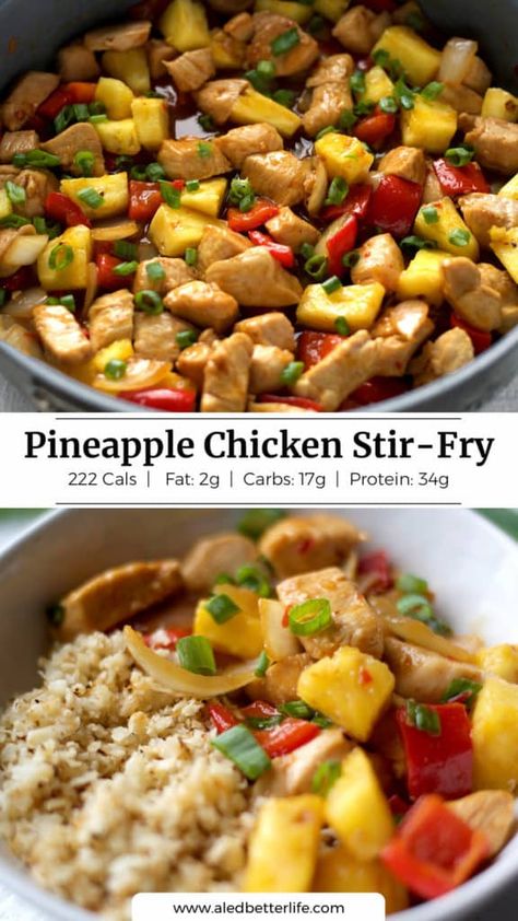 Macro Stir Fry, Low Calorie Pineapple Chicken, Macro Friendly Stir Fry, Sweet Chili Pineapple Chicken, Thai Pineapple Chicken, Chicken And Pineapple Stir Fry, Julie Ledbetter Recipes, Chicken Pineapple Stir Fry, Macro Cycling