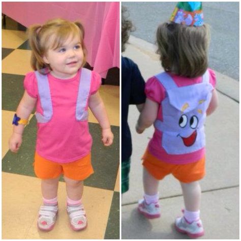 DIY Dora the Explorer Costume. Pink tshirt with purple material sewn on in backpack shape. Painted the face on. Orange shorts and sneakers. Made the bracelet out of felt. Diy Lilo Costume, Dora Halloween Costume, Halloween Bbq, Dora The Explorer Costume, Dora Costume, Lilo Costume, Explorer Costume, Dora Party, Home Decor Diy Crafts