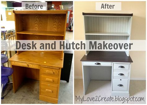 I am so happy to be posting this!  It was a lot of work for me, and took a lot of time....but I fina... Refurbished Desk, Desk And Hutch, Desk Makeover Diy, Hutch Makeover, Simple Paint, Desk With Hutch, Reclaimed Wood Table, Old Desks, Desk Makeover