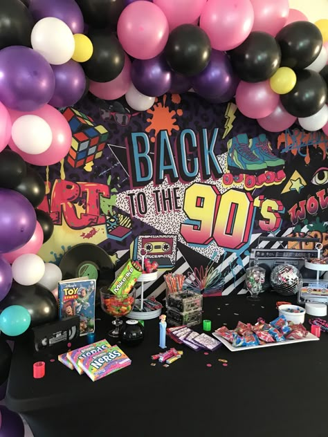 #balloonarch #balloongarland #90sparty Late 90s Early 2000s Party Ideas, 90s Themed 30th Birthday Party Decorations, Freaknik 90s Party Theme, Party Ideas 90s Theme, 90 Party Ideas Decoration, 90s Theme Decorations, 90s Bday Party, Birthday Party 90s Theme, 90’s Theme