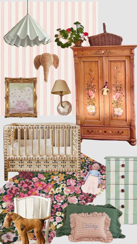 #kids #kidsroom #roomdesign #roominspo Vintage Toddler Girl Room, Eclectic Nursery Girl, Nursery Ideas Colorful, Cottage Kids Room, Eclectic Baby Nursery, Nursery Mood Board, Vintage Baby Rooms, Vintage Inspired Nursery, Feminine Nursery