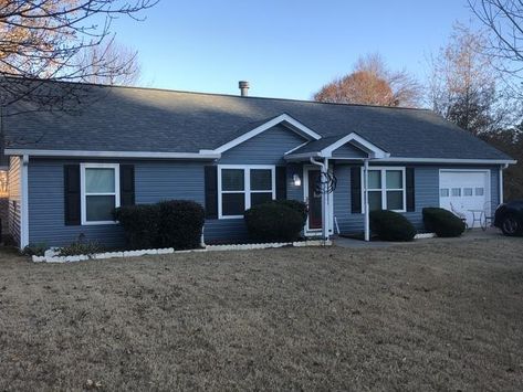 Before & After: Harbor Blue - C. Jenkins Construction Harbor Blue Vinyl Siding, Blue Ranch House, Blue Vinyl Siding House, Blue Siding House White Trim, Blue Ranch House Exterior, Mobile Home Colors Exterior, Blue House White Trim, Blue Siding House, Manufactured Home Exterior