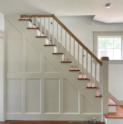 Wainscotting On Stairs, Stairwell Wainscoting Staircases, Waynes Coating Stairway Staircases, Staircase Wainscoting Ideas, Stairs Wainscotting, Stair Well Wall Ideas, Entryway Wayne’s Coating, Half Wall Staircase, Wainscoting Curved Stairs