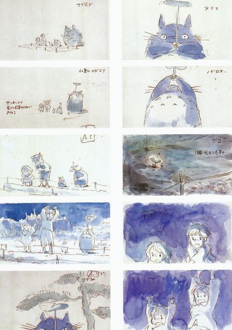 Film: My Neighbor Totoro ===== Storyboards ===== Scene: Growing The Trees Hayao Miyazaki Illustrations, Hayao Miyazaki Storyboard, Hayao Miyazaki Drawing, Hayao Miyazaki Sketch, Studio Ghibli Storyboard, Miyazaki Storyboard, Ghibli Storyboard, Studio Ghibli Manga, Ghibli Layout