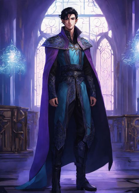 Lexica - Drawing of a high elf, royalty, futuristic, purple coat, light blue shirt, black pants, black boots, male, handsome, black hair, 23 years ol... Black Pants Black Boots, Elf Royalty, Fantasy Fashion Male, Blue Shirt Black Pants, Futuristic Purple, Light Blue Shirt, Purple Coat, High Elf, Purple Outfits