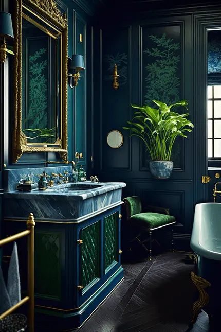 Dark Academia Bathroom Dark Academia Bathroom, Emerald Green Bathroom, Dark Green Bathrooms, Green Bathroom Decor, Teal Bathroom, Dark Green Walls, Castles Interior, Gold Bathroom, Green Tile