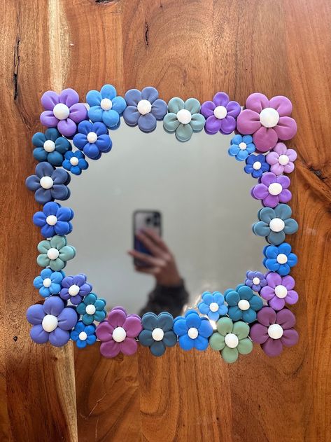 This mirror is lightweight so it can easily hang on any wall (command strips included). Mirror is clear, but taken on portrait mode to blur the middle. Approximately 12" by 12" Room Mirror Ideas Bedrooms, Diy Mirror Frame Ideas, Mirror Decorating Ideas, Clay Mirror, Painted Mirror Art, Mirror Frame Diy, Flower Mirror, Mirror Crafts, Quick Crochet Patterns