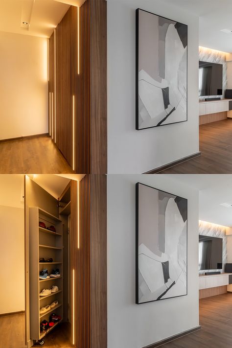 A sleek minimalistic design using fluted panel and LED lights to conceal the door and double as a feature wall. This keeps the shoes out of sight and serves as a stylish addition to any home. Scandinavian Shoe Cabinet, Conceal Door, Scandinavian Shoes, Fluted Panel, Fluted Wall, Foyer Entrance, Decor Home Living Room, Minimalistic Design, Wall Panel