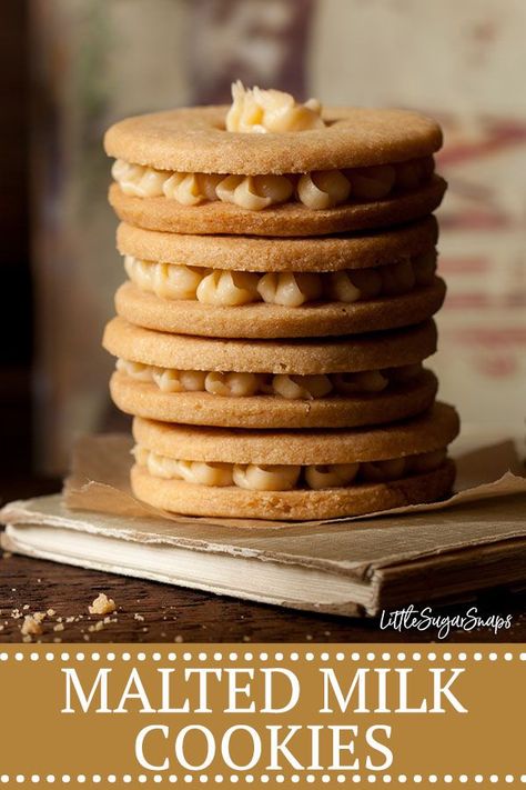 MALTED MILK COOKIE CREAMS These treats have classic malt biscuit flavours combined with the stability & snap of sugar cookies. They are very versatile and can be filled with malted milk buttercream #maltedmilkbiscuit #maltedmilkcookies #maltedmilks #maltedmilkrecipe #sandwichcookie Malted Milk Biscuits, Milk Biscuits, Mocha Mousse, Homemade Strawberry Sauce, British Recipes, Tasty Desserts, Malted Milk, Milk Cookies, Biscuit Cookies