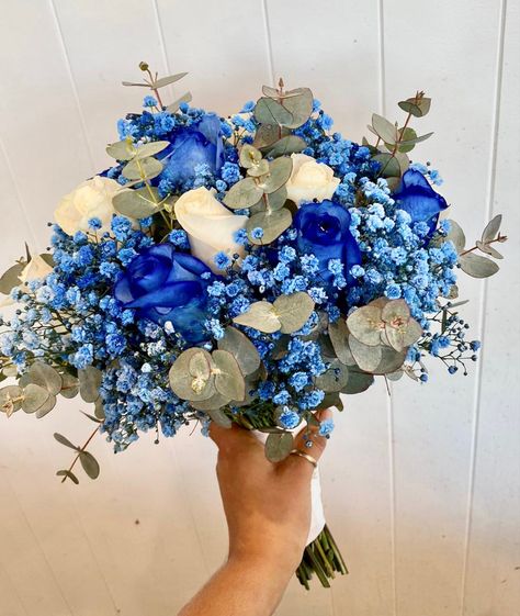 Sky Blue And White Bouquet, Blue Fake Flower Bouquet, Boquetes Of Flowers Prom Blue, Blue Theme Bouquet, Flower Bouquet For Royal Blue Prom Dress, Flower Bouquet For Royal Blue Dress, Flowers For Royal Blue Prom Dress, Royal Blue Prom Dress Bouquet, Blue Bell Flowers Bouquets