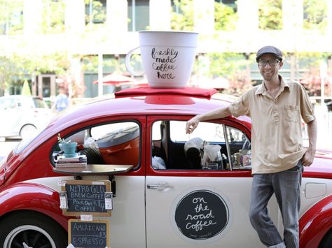 Matthew Pendleton runs this one-man coffee shop out of his 1968 Volkswagen Beetle. Coffee Trucks, Man Coffee, Mobile Coffee Shop, Americano Coffee, Catchy Names, Mile High City, Colorado Adventures, Men Coffee, Mobile Business