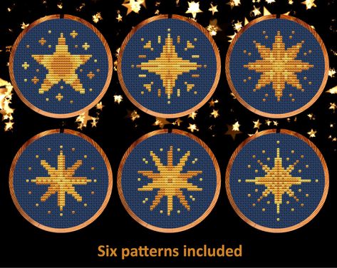 This instant download booklet contains six cross stitch patterns to make this collection of stars. On 14 count aida the patterns fit in 3 inch hoops to hang on the tree, or they can also be stitched as Christmas cards.  The set uses 3 colours to stitch. It uses only full cross stitches; no backstitch or fractional stitches. Suitable for all skill levels including beginner. Stitch on fabric of your colour choice (images are shown on navy blue fabric). You will receive three PDF instant download f Stars Cross Stitch, Star Cross Stitch, Cross Christmas Tree, Christmas Stocking Pattern, Cross Stitch Tree, Star Cross, Star Of Bethlehem, Fun Patterns, Cross Stitches