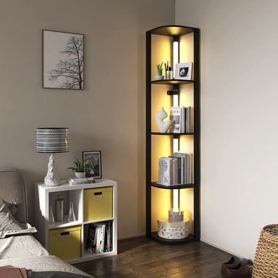 Ivy Bronx Oppice Bookcase 64.8 H x 11.8 W x 11.8 D in black/brown/grey | 64.8" H X 11.8" W X 11.8" D | Wayfair- #blackbrowngray #Bookcase #Bronx #Ivy #Oppice #Wayfair Check more at https://howcandothis.com/homedecoration/ivy-bronx-oppice-bookcase-64-8-h-x-11-8-w-x-11-8-d-in-black-brown-grey-64-8-h-x-11-8-w-x-11-8-d-wayfair/ Traditional Apartment Decor Small Spaces, Small Bookshelf Ideas Living Room, Photo Frame Shelf, Small Corner Bookshelf Ideas, Corner Book Shelf Ideas Aesthetic, Traditional Apartment Decor, Cupboard For Books, Corner Shelf Ideas Living Room, Library Room Design