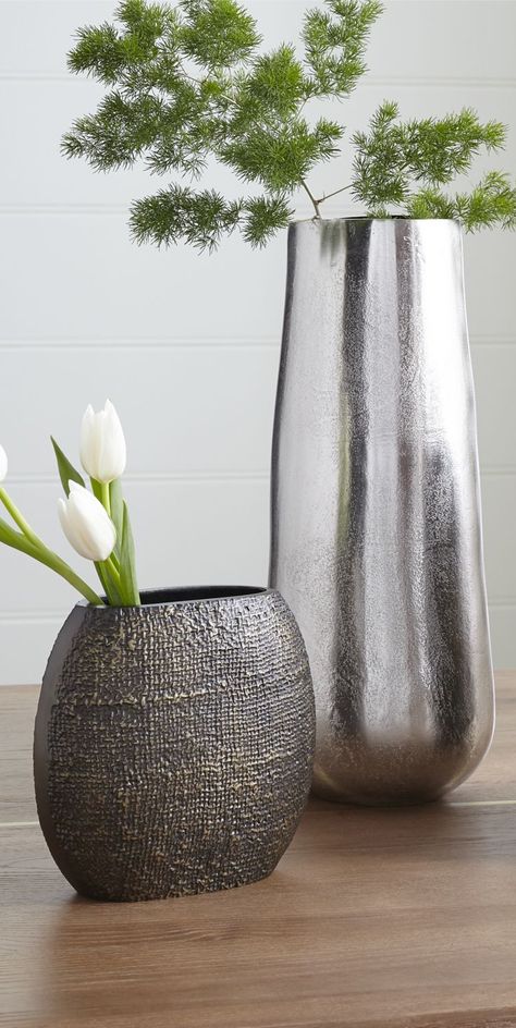 Grey & Silver Vases | Decorating with shades of grey Large Vase Ideas, Silver Vase Decor, Grey Counter, Design Style Quiz, Grey Vases, Silver Vase, Grey Decor, Jar Vase, Beautiful Living Rooms