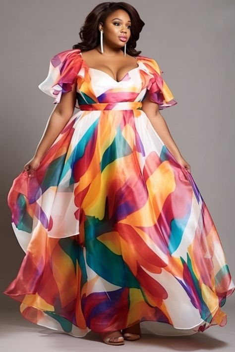 Xpluswear Design Plus Size Semi Formal Multicolor All Over Print Petal Sleeve Short Sleeve Organza Maxi Dresses [Pre-Order] Multicolor-5XL/28 PlusSizeSummerStyle #summervivibes #plussizefashionista #ootd #plussizequeen #plussize #summerfashion. https://whispers-in-the-wind.com/the-ultimate-plus-size-outfit-guide-summer-in-style/?513 Plus Size Semi Formal, Semi Casual Outfit, Chic Romper, Semi Casual, Perfect Summer Outfit, Petal Sleeve, Coachella Outfit, Flowy Maxi Dress, Party Dress Long