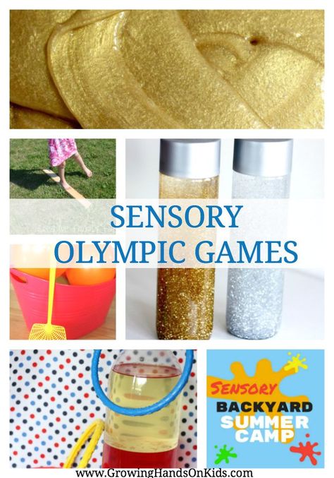 Sensory Olympic Games for a Sensory Backyard Summer Camp theme. Summer Camp Sports Activities, Sensory Backyard, Backyard Olympics, Summer Olympics Activities, Preschool Olympics, Summer Camp At Home, Camp At Home, Olympic Games For Kids, Kids Olympics