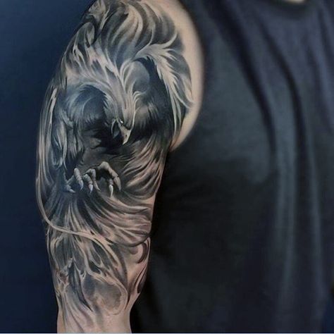 Greek Mythology Badass Phoenix Mens Half Sleeve Tattoos Phoenix Tattoo Men, Phoenix Tattoo Sleeve, Tato Phoenix, Phoenix Tattoo For Men, Cool Half Sleeve Tattoos, Phoenix Tattoo Design, Muster Tattoos, Half Sleeve Tattoos For Guys, Eagle Tattoos