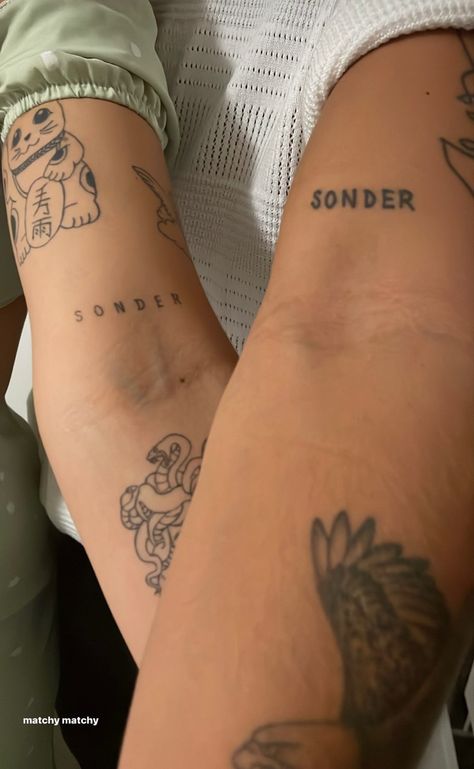 Tattoo Font Women, Sonder Tattoo Brent, Quinn Xcii Tattoo, Brent Tattoo Ideas, Brent Faiyaz Sonder Tattoo, Sonder Tattoo Stencil, Sounder Tattoo, Music Artist Tattoo Ideas, Sonder Tattoo Fonts