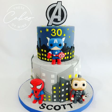 Funko pop superhero novelty cake Funko Pop Cake, Funko Pop Cake Topper, Marvel First Birthday Cake, Superhero Drip Cake, Superhero Birthday Cake Buttercream, Superhero Cake Toppers, Tiered Superhero Cake, Superhero Cake, Fondant Cake