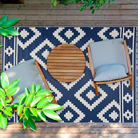 Playa Rug Reversible Indoor/Outdoor 100% Recycled Plastic Floor Mat/Rug - Weather, Water, Stain, Fade and UV Resistant - Milan- Navy & Creme (6'x9') Outdoor Rugs Patio Waterproof, Outdoor Dining Patio, Tropical Outdoor Rugs, Plastic Floor Mat, Large Outdoor Rugs, Beach Balcony, Dining Patio, Plastic Mat, Plastic Rug