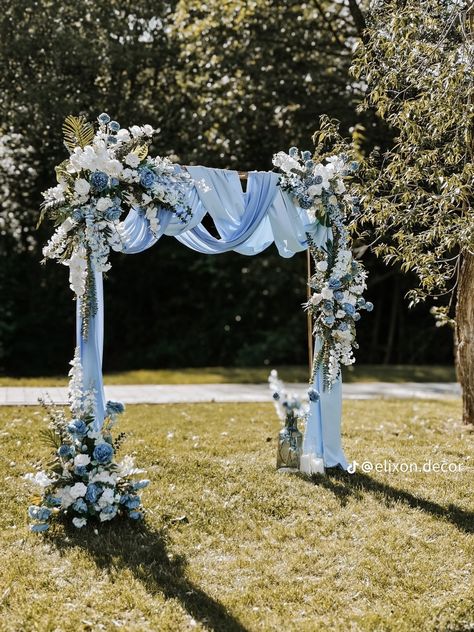 Arbor Ideas Wedding, Twilight Blue Wedding, Dusty Blue Wedding Arch, Wedding Arch Blue, Archway Wedding, Church Wedding Decorations Aisle, American Mcgee, Ocean View Wedding, White Wedding Decorations