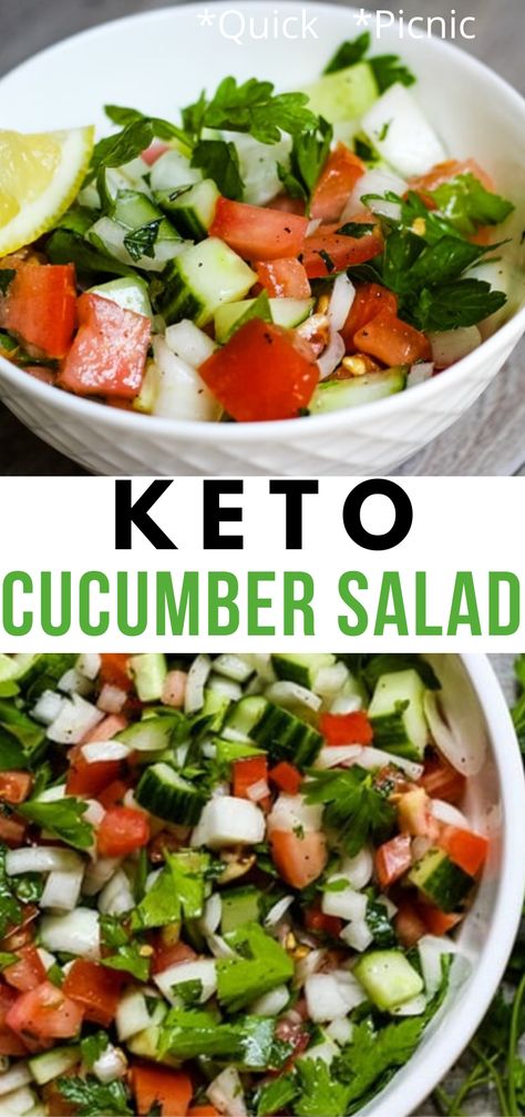 This Keto Cucumber Salad is refreshing and light made with cucumber, tomato, parsley, and mint. Perfect for picnics, and as a mediterranean side dish! #keto #salad #cucumber #cucumbersalad Cucumber Salad Keto, Keto Cucumber Salad, Keto Cucumber, Mediterranean Cucumber Salad, Salad Keto, Salad Cucumber, Keto Salad, Keto Diet Breakfast, Diet Breakfast Recipes