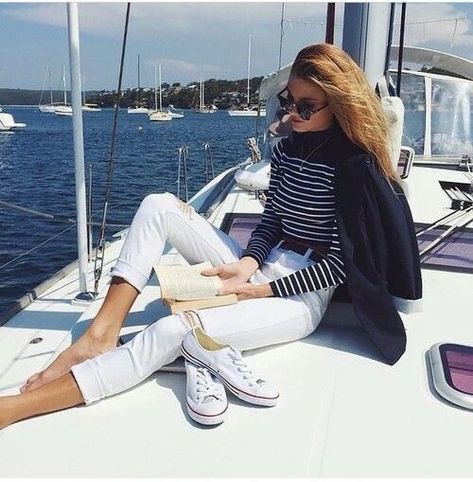 Style Inspiration | Morgan Julia Designs, boat, details, classy, everyday look, fashion, aesthetic, trendy, coastal style, simple, fall style, neutrals, style, outfit, ootd Sailing Fashion, French Riviera Style, Adrette Outfits, Nautical Outfits, Breton Stripes, Sailor Style, Boating Outfit, Sailor Fashion, Estilo Preppy