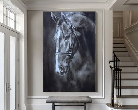 View Animal painting by ArttideArt on Etsy Horse Painting Black And White, Horse Abstract Painting, Horse Portrait Painting, Horse Oil Painting, Horse Wall Art Canvases, Horse Paintings, Oil Art, Branding Iron, Art Horse