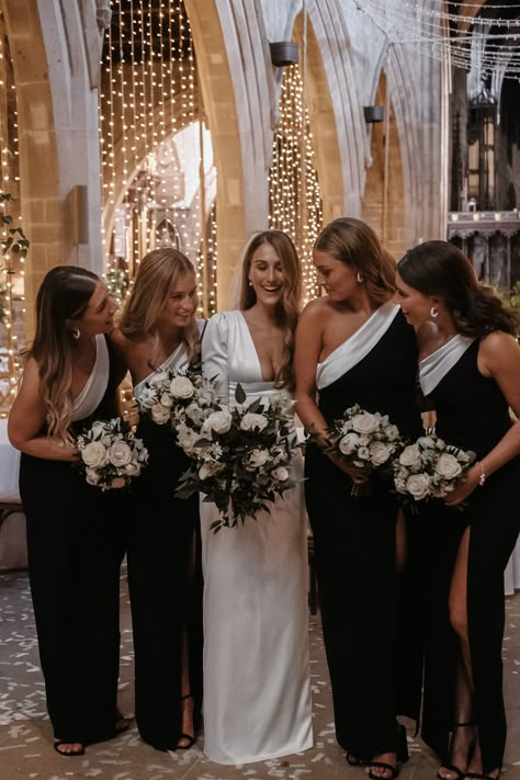 Black And Grey Bridesmaid Dresses, 1 Bridesmaid Wedding, Black White Bridesmaid Dresses, White And Black Bridesmaid Dresses, Nye Bridesmaid Dresses, Flowers For Black Bridesmaid Dresses, New Years Eve Wedding Bridesmaid Dresses, Black Tie Wedding Colors, Molten Metals Bridesmaids