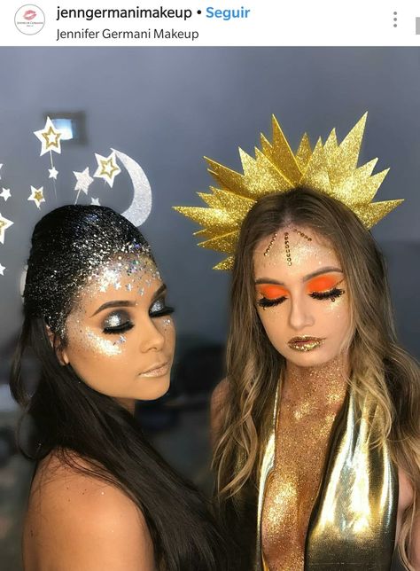 Sungoddess Costume, Night And Day Halloween Costume, Sun And Stars Costume, Sun And Moon Goddess Costume, Moon And Stars Halloween Costume, Sun Halloween Costume Women, Moon Costume Makeup, Celestial Halloween Costume, Sun And Moon Makeup Look