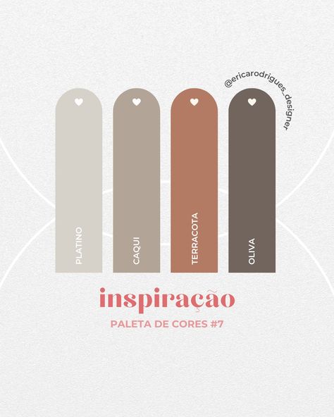 Mais uma paleta de cores para você se inspirar 🍀🧡 E a paleta de hoje é chique, atemporal e elegante., capaz de transmitir sensações específicas como sobriedade, calma e confiança. Em termos psicológicos, o marrom está associado à força e estabilidade, o terracota está associado ao rústico, o bege à simplicidade e o cinza à elegância. Ao combiná-las, criei uma paleta ideal para marcas chiques e atemporais que querem transmitir elegância. Gostou? Comenta e já salva pra não perder de vist... Mood Boards, Mural, Branding, Social Media, On Instagram, Instagram, Design