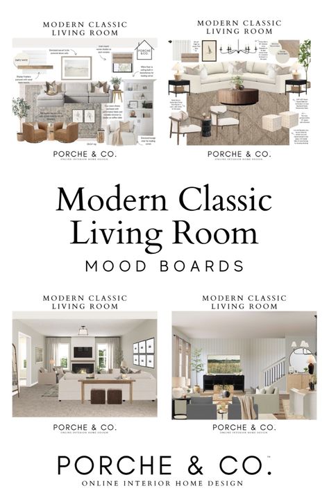 Take a peek at modern classic living room designs from Porche & Co! These beautiful mood boards offer plenty of inspiration for creating a cozy yet stylish living room. Discover how texture and warm tones bring these functional spaces to life. Whether you're redecorating or starting from scratch, these ideas will inspire you. Head to the blog for more living room decor ideas and interior design mood boards. Modern Classic Decor, Decorating Styles Examples, Warm Transitional Living Room, Interior Design Mood Board Inspiration, Modern Living Room Mood Board, Living Room Designs Transitional, Modern Classic Living Room Design, Transitional Style Interior Design, Modern Traditional Decor