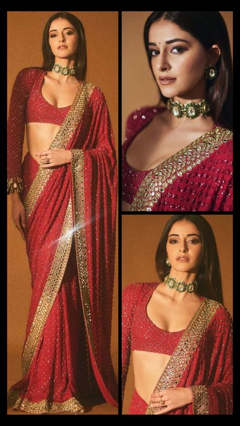 Red Sari Makeup Look, Bright Colour Saree, Indian Outfit Makeup Looks, Trendy Wedding Outfits For Guests, Saree Street Style, Ananya Pandey Red Saree, North Indian Wedding Guest Saree Look, Long Sleeve Saree Jacket, Wine Red Saree For Farewell