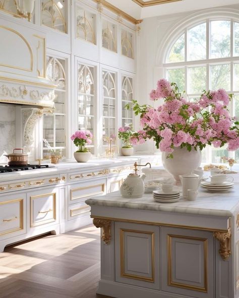 Cottage Inspired Kitchen, Kitchen Feminine, Fancy House Aesthetic, Fancy Kitchens Dream Homes, French Country Bedrooms Decorating Ideas, Castle Kitchen, Fancy Apartment, Princess Kitchen, Peaceful Sunday