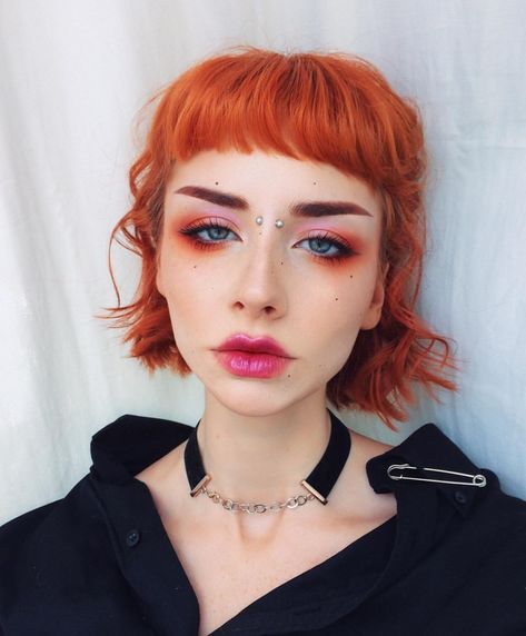 Eye Makeup For Orange Hair, Makeup Looks For Orange Hair, 80s Orange Makeup, Fun Orange Makeup, Orange Hair Makeup Ideas, Orange Looks Makeup, Makeup With Orange Hair, Orange Red Makeup Look, Try Me Tattoo