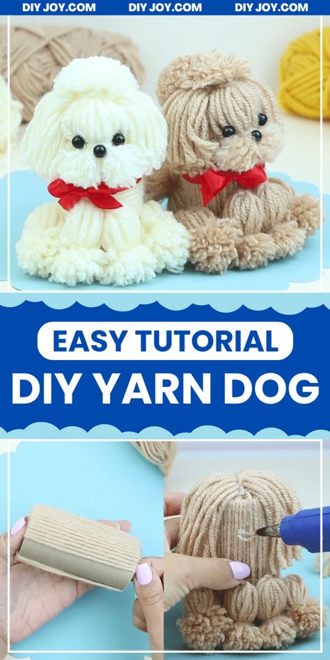 How To Make A DIY Yarn Dog Yarn Puppy Diy, Pompom Dog Diy, Pom Pom Dog Diy, Dogs Made Out Of Yarn, Easy To Make Stuffed Animals, How To Make Yarn Dolls Simple, Diy Yarn Projects, Yarn Dogs Craft, Puppy Diy Projects