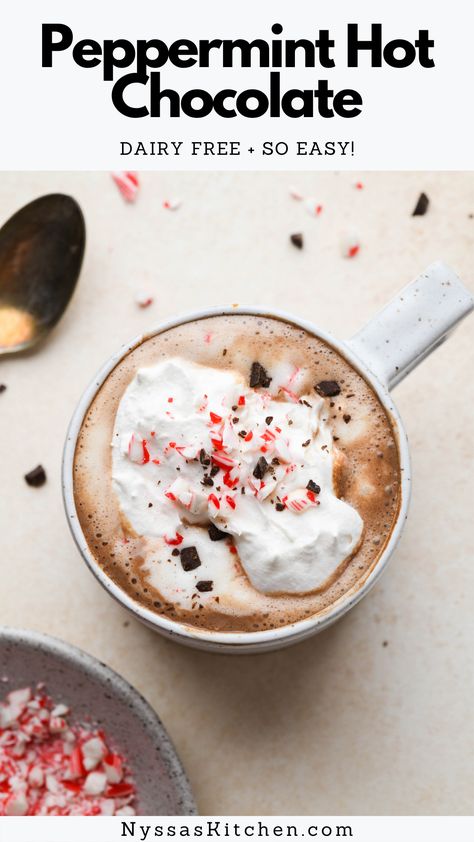 Tis the season for cozy drinks like peppermint hot chocolate! A delicious homemade hot cocoa that's easy to make and so much better than Starbucks. Naturally sweetened and made with your dairy free milk of choice (we love almond and cashew), two kinds of chocolate, and peppermint extract. A delicious holiday treat that's perfect for snowy days inside! Vegan, gluten free, and keto option. Hot Chocolate Vegan, Peppermint Hot Chocolate Recipe, Low Carb Milk, Peppermint Hot Cocoa, Peppermint Extract, Homemade Hot Cocoa, Hot Cocoa Recipe, Cozy Drinks, Peppermint Hot Chocolate