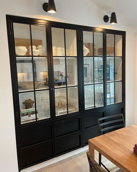 Dawn Oscar on Instagram: “Finally got around to styling the inside of this custom metal cabinet we designed and installed. So much fun taking the home owners…” Hutch In Dining Room, Cabinets Dining Room, Dining Room Cupboards, Kitchen Display Cabinet, Antique China Cabinets, Dining Hutch, Kitchen Island Bench, Dining Room Cabinet, Cabinet Dining Room