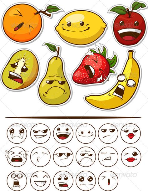 Fruit With Faces, Faces Drawings, Fruit Funny, Fruit Drawing, Drawing Funny, Fruits Drawing, Funny Fruit, Funny Expressions, Funny Face