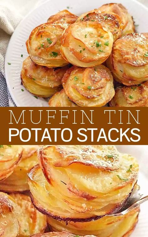 Parmesan Potato Stacks, Potato Stacks, Gratin Potatoes, Potato Recipes Side Dishes, Potato Sides, Potato Side Dishes, Idee Pasto Sano, Potato Dishes, Muffin Tin