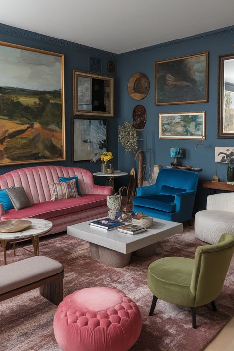 21 Bold and Eclectic Maximalist Living Room Ideas to Inspire You – The Pinmall Maximalist Blue Living Room, Unique Apartment Decor, Layered Window Treatments, Maximalist Living Room, Living Room Pink, Sofa Blue, Oversized Furniture, Big Sofas, Pink Sofa