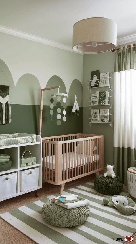 gender neutral nursery ideas Olive Green Accent Wall Nursery, Simple Nursery Paint Ideas, Light Blue And Yellow Nursery, Grey And Sage Nursery, Simple Gender Neutral Nursery Ideas, Girl Nursery Ideas Green, Olive Green Nursery Neutral, Avocado Nursery, Boy Nursery Paint Colors