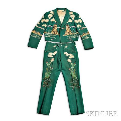 Little Jimmy Dickens Forest Green Nudie Suit | Sale Number 2955B, Lot Number 363 | Skinner Auctioneers Nudie Suit, Cocktail Dinner Party, Vintage Western Wear, Cowboy Baby, Pants Gift, Cocktail Dinner, Wedding Cocktail, Suits For Sale, Cotton Coat