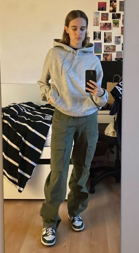 Green Cargo Pants With Panda Dunks, Cargos And Sweatshirt, Lesbian Cargo Outfit, Gray Cargo Pants Outfit Aesthetic, Aesthetic Green Cargo Pants Outfit, Navy Green Cargo Pants Outfit, Cargo Pants With Hoodie Outfit, Grey Dickies Pants Outfits Women, Masc Lesbian Outfits Cargo Pants