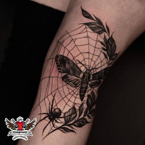 Web Knee Tattoo, Black Moth Tattoo Design, Moth Spider Web Tattoo, Spider Web Tattoo Knee, Widow Tattoo, Bug Knee Tattoo, Blackwork Knee Tattoo, Spider Knee Tattoo, Gothic Knee Tattoo