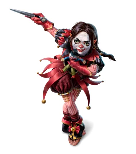 Female Halfling Evil Clown warpriest (cult leader) of Thamir Gixx - Wyssilka the Fantabulous - War for the Crown - Pathfinder PFRPG DND D&D 3.5 5th ed d20 fantasy Dnd Harlequin, Evil Halfling, Evil Bard, Female Halfling, Halfling Rogue, Tattoos Animals, Evil Clown, Pathfinder Character, Cult Leader