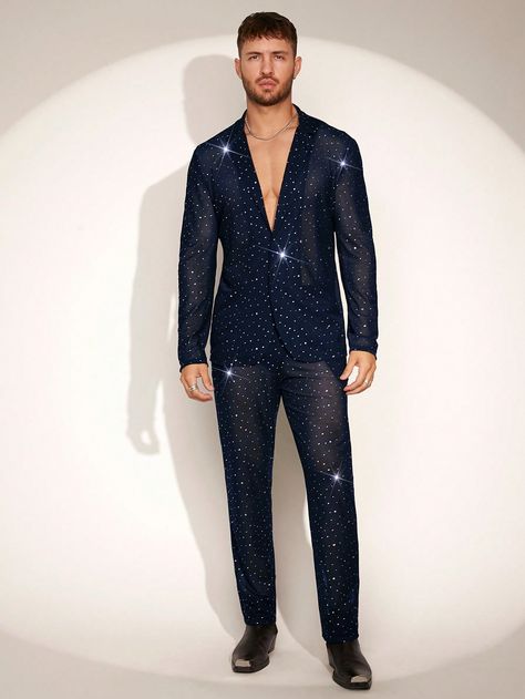 Men's Rhinestone Decor Mesh Fabric Long Sleeve Jacket And Pants Suit Set Navy Blue Party  Long Sleeve Knitted Fabric Plain,All Over Print  Medium Stretch  Men Clothing, size features are:Bust: ,Length: ,Sleeve Length: Navy Blue Party, Simple Fits, The Office Shirts, Blazer Set, Blue Party, Fitted Blouses, Summer Fashion Beach, Long Sleeve Jacket, Pants Suit