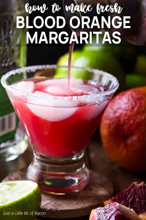 Try something a little different and learn how to make a blood orange margarita! Grab your tequila and mix up one or make a pitcher for a crowd. Either way you'll love this easy and delicious homemade cocktail. | justalittlebitofbacon.com #cocktails #drinkrecipes #margaritas #bloodoranges #pitcherdrinks Blood Orange Margarita Recipe, Blood Orange Cocktail, Orange Margarita, Classic Margarita Recipe, Coconut Margarita, Blood Orange Margarita, Orange Cocktails, Blood Orange Juice, Lime Margarita