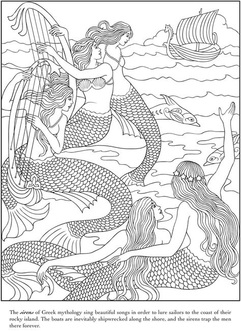 Sirens of Greece coloring page Relaxation Drawing, Mermaid Coloring Book, Adult Colouring Pages, Mermaid Coloring Pages, Dover Publications, Mermaids And Mermen, Mermaid Coloring, Animal Coloring, Beautiful Mermaids