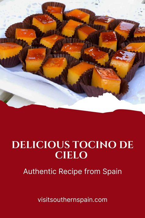 Do you want to try an Irresistible Tocino De Cielo Recipe from Spain? This delicious recipe for Tocino de Cielo is a classic Spanish dessert with a sweet, rich flavor and smooth texture. This easy Spanish dessert is made from a simple mixture of egg yolks, sugar, and water, which is then baked in a water bath until set. Tocino de Cielo is perfect for serving at special occasions or dinner parties, as it is both elegant and easy to prepare. #tocinodecielo #tocinodessert #spanishdessert #tocino Spanish Candy, Easy Spanish Desserts, Desserts From Spain, Tapas Spanish, Spain Recipes, Spanish Dessert Recipes, Spanish Dish, Spanish Dessert, Pumpkin Flan